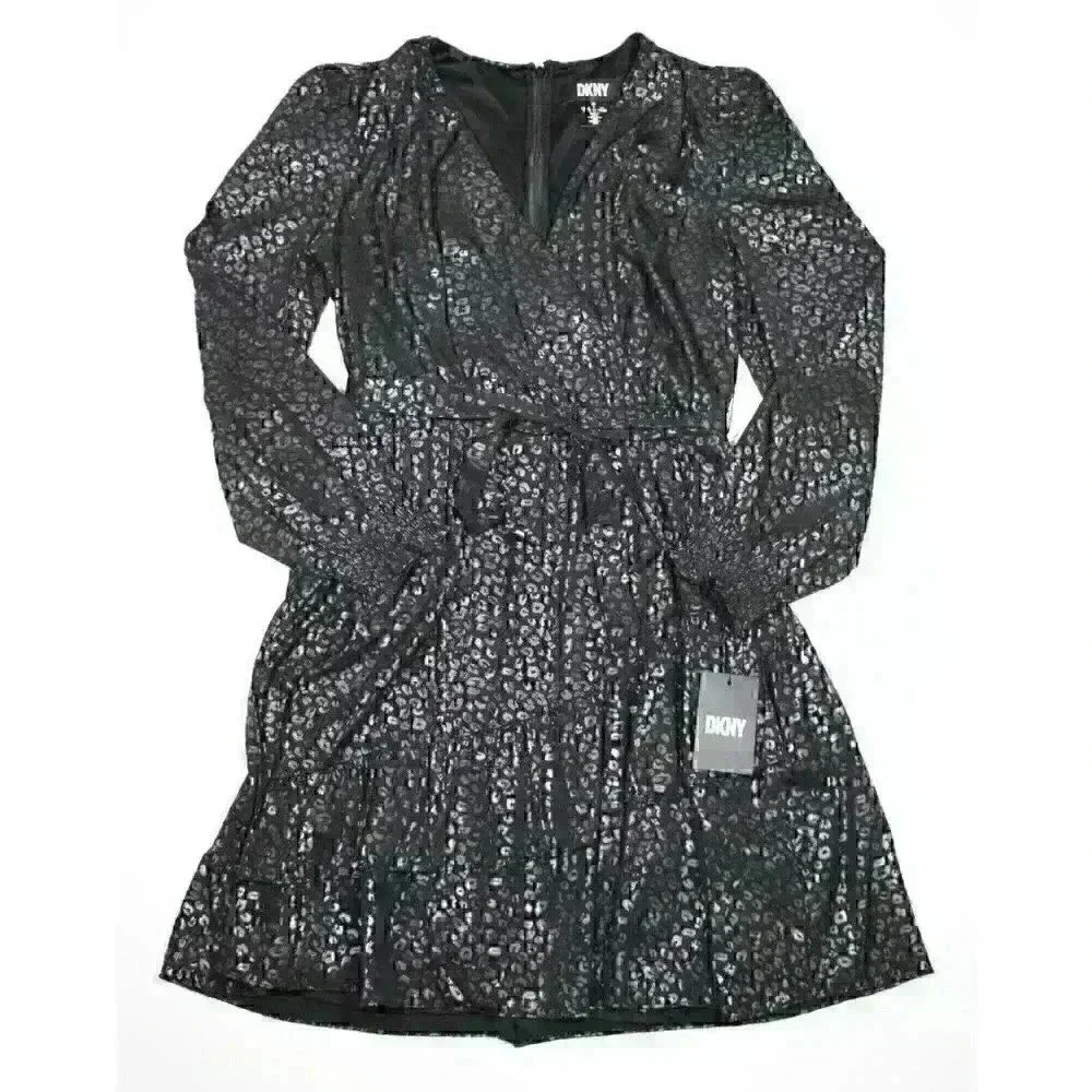 NEW! DKNY Women's 6 Long Sleeve V-Neck Ruffle Printed Fit & Flare Dress NWT $134